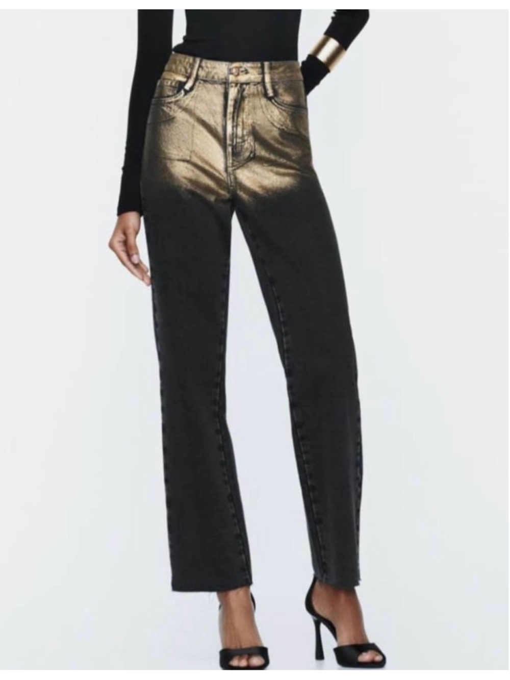 Zara New Gold Metallic Raw Hem Straight Leg Jeans
